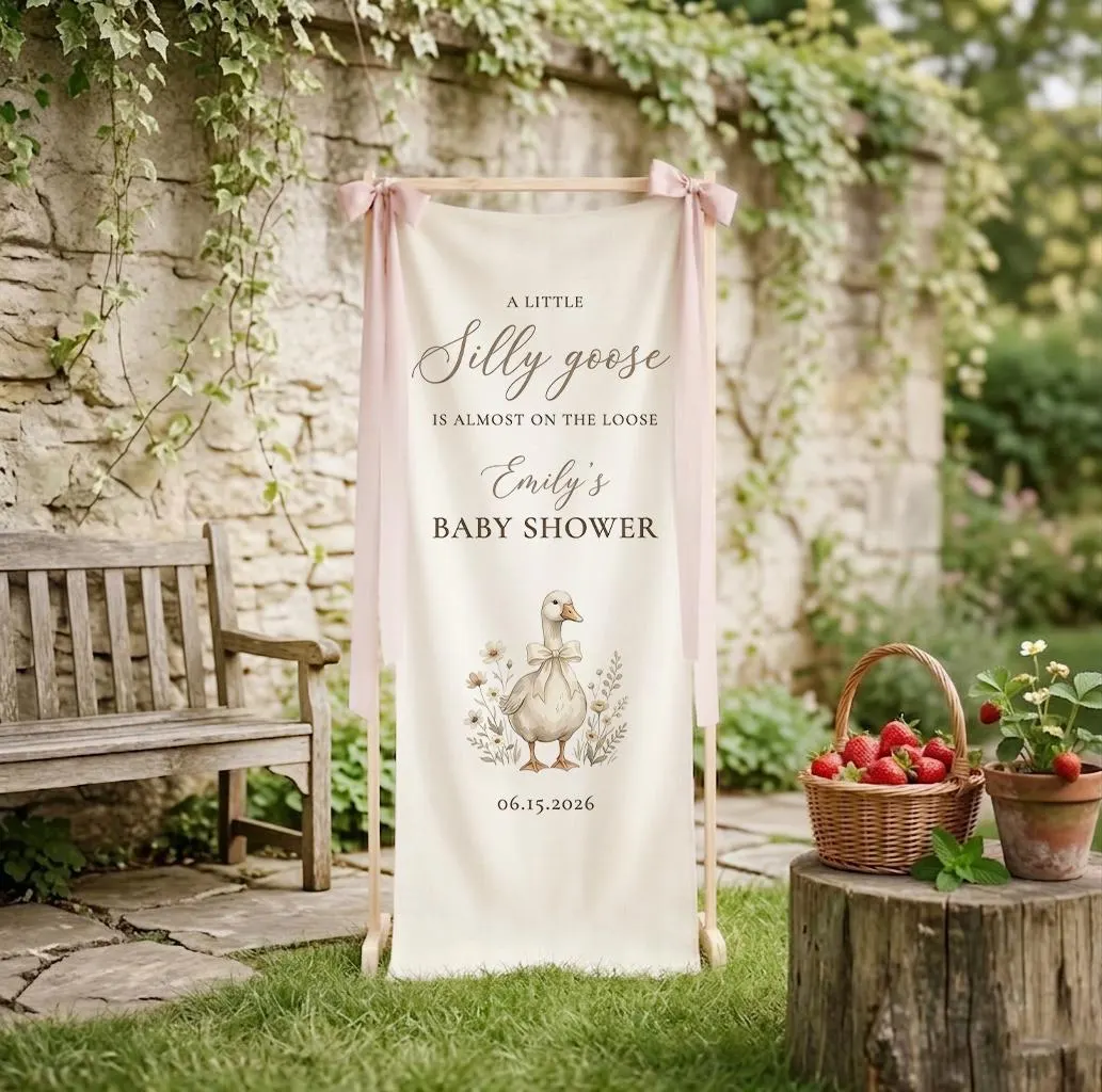 Custom Hello Baby Shower Welcome Banner, Linen Fabric Party Decor, a little silly goose banner
