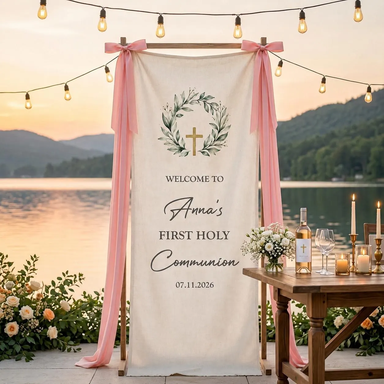 First Holy Communion Welcome Sign Personalized Name sign, Custom Event Backdrop, Outdoor Party Decor, Elegant Floral Celebration Sign decor - image 3
