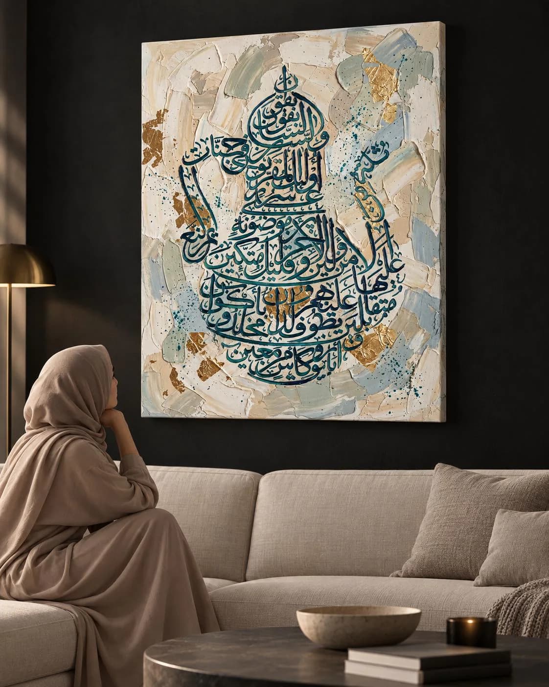 Surah Al Waqiah Ibrik Canvas Print, Teal Arabic Calligraphy, Ready-to-Hang Islamic Wall Art