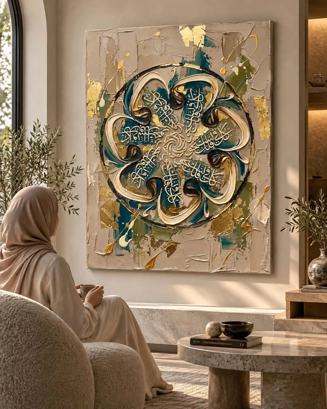 Islamic Wall Art Canvas, Arabic Calligraphy Quran Verse, Teal Gold Muslim Home Decor