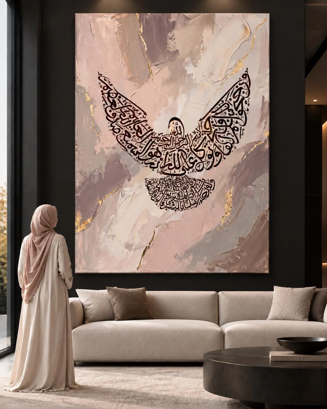 Peace Quran Verse Canvas Print, Blush Beige Gold Arabic Calligraphy, Dove Islamic Wall Art