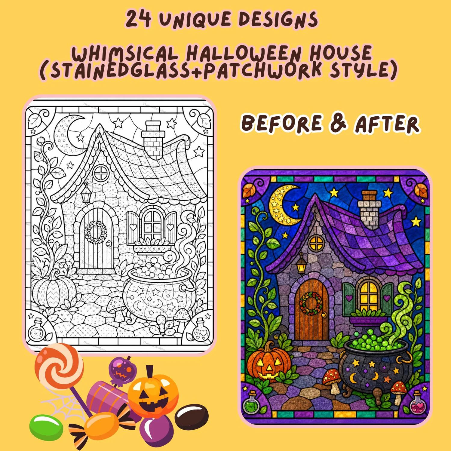 Stained Glass Halloween Coloring Pages for Adults | Patchwork Haunted House Printable Book | Amazon KDP Commercial Use POD PDF Interior - image 5