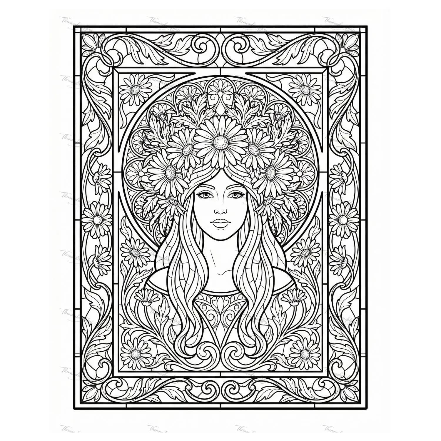 Art Nouveau Stained Glass Goddesses Coloring Pages for Adults | 15 Fantasy Women | Amazon KDP Commercial Use POD PDF Letter Interior - image 3