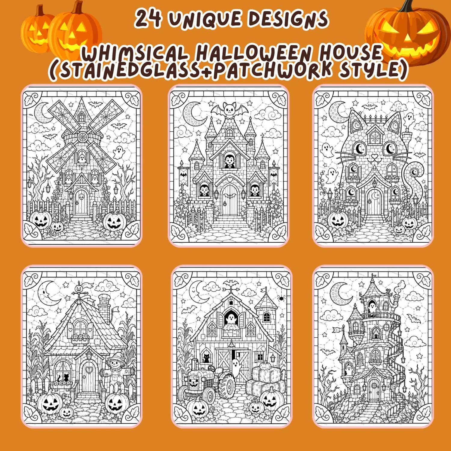 Stained Glass Halloween Coloring Pages for Adults | Patchwork Haunted House Printable Book | Amazon KDP Commercial Use POD PDF Interior