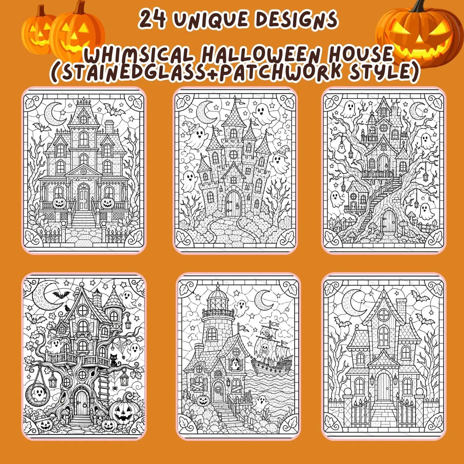 Stained Glass Halloween Coloring Pages for Adults | Patchwork Haunted House Printable Book | Amazon KDP Commercial Use POD PDF Interior - image 2