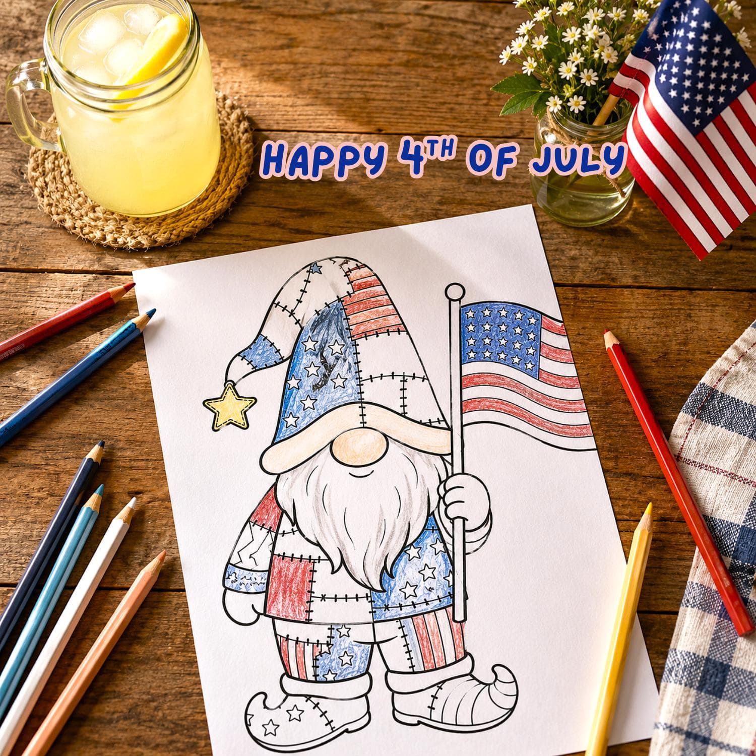 Patriotic Patchwork Gnomes Coloring Pages, 4th of July Activity (PDF Download) - image 5