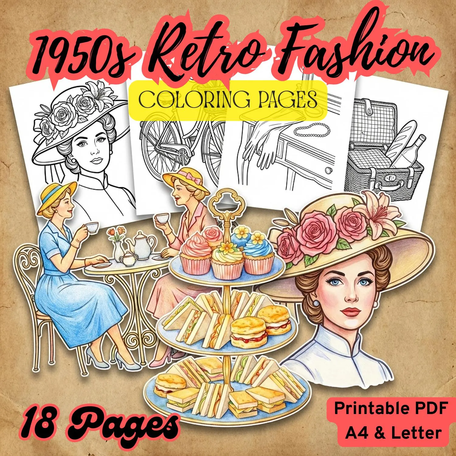1950s Retro Fashion Coloring Pages | Mid-Century Lifestyle Scenes (Digital Download)