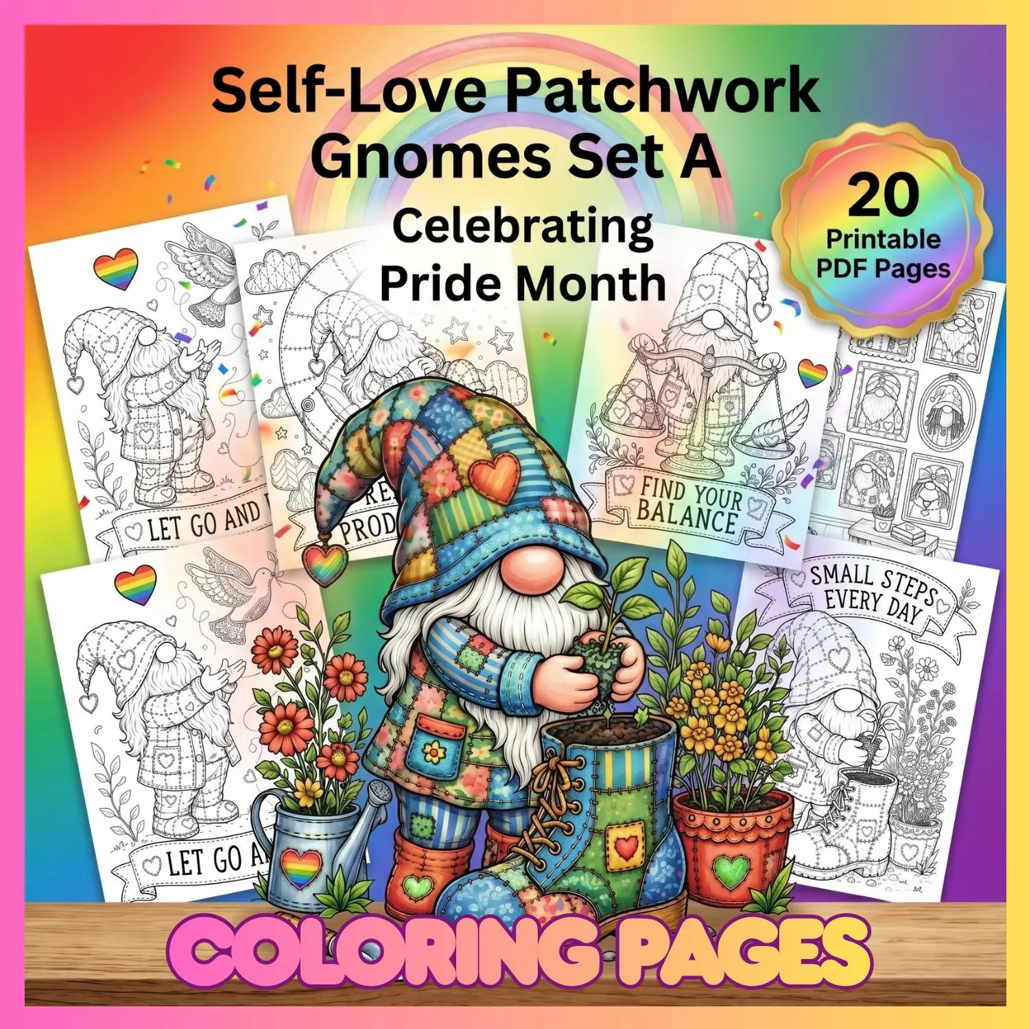 Patchwork Gnomes Coloring Pages | Pride Month Affirmations, Self-Love (Digital Download)