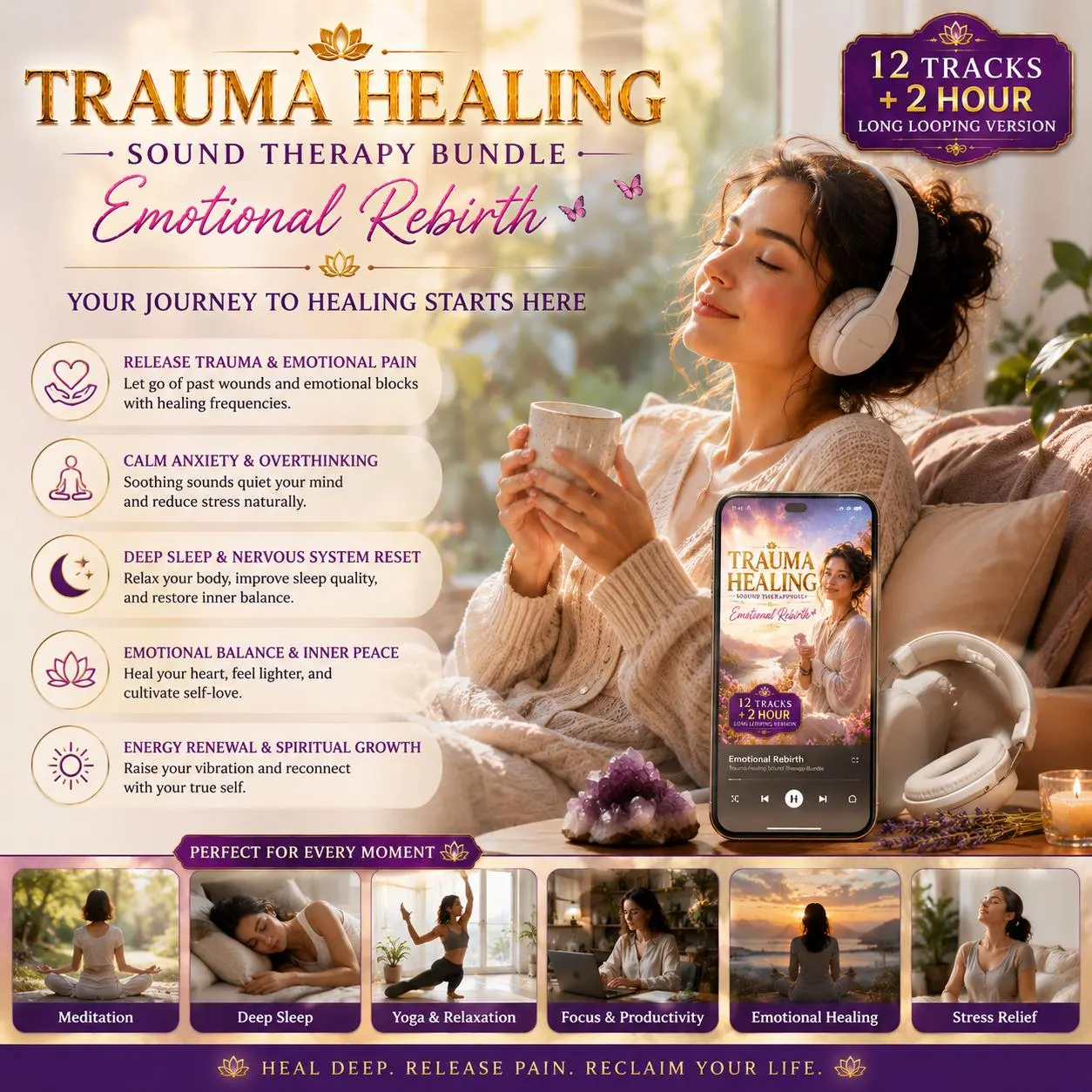 Trauma Healing Sound Therapy Bundle | Emotional Rebirth Deep Sleep Nervous System Reset | Solfeggio 528Hz 963Hz Rain Audio Commercial Use - image 3