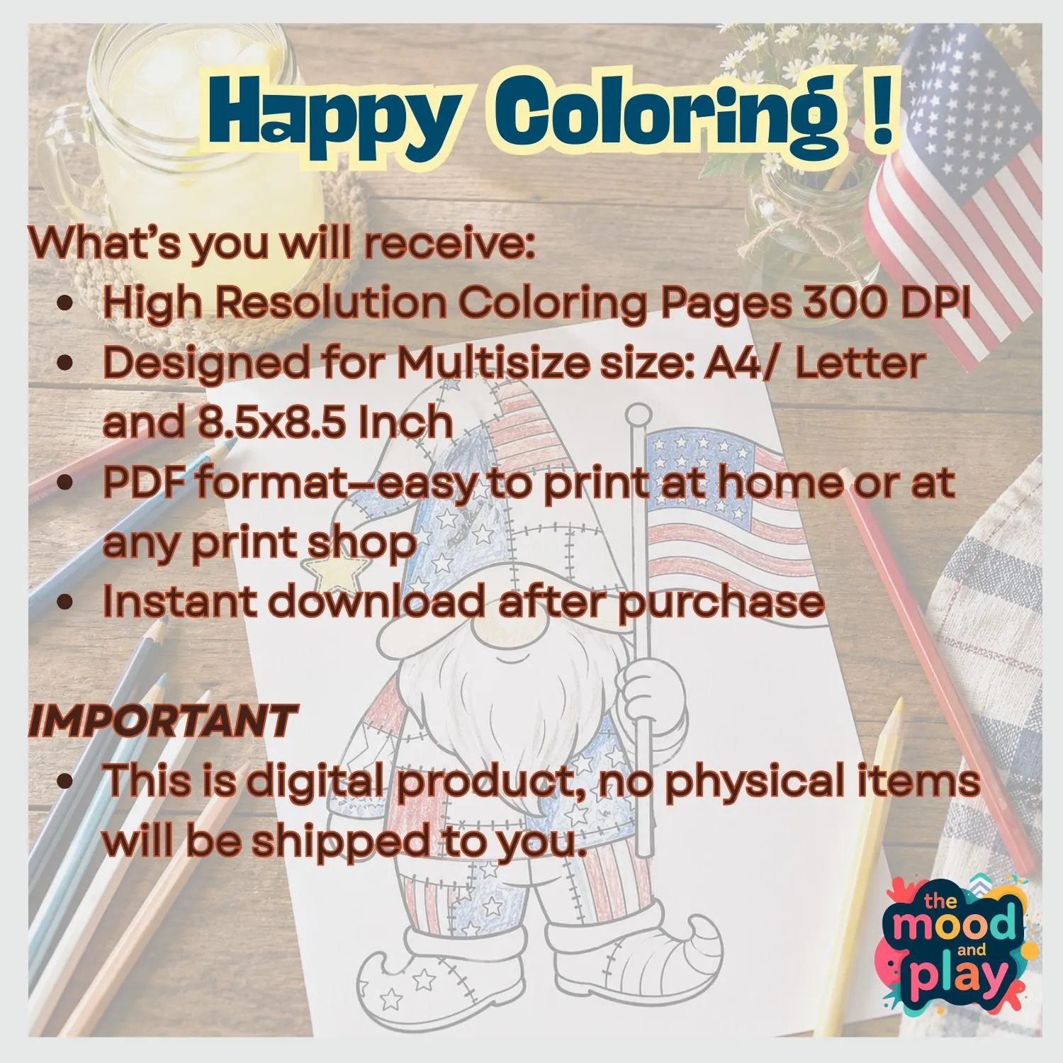 Patriotic Patchwork Gnomes Coloring Pages, 4th of July Activity (PDF Download) - image 2