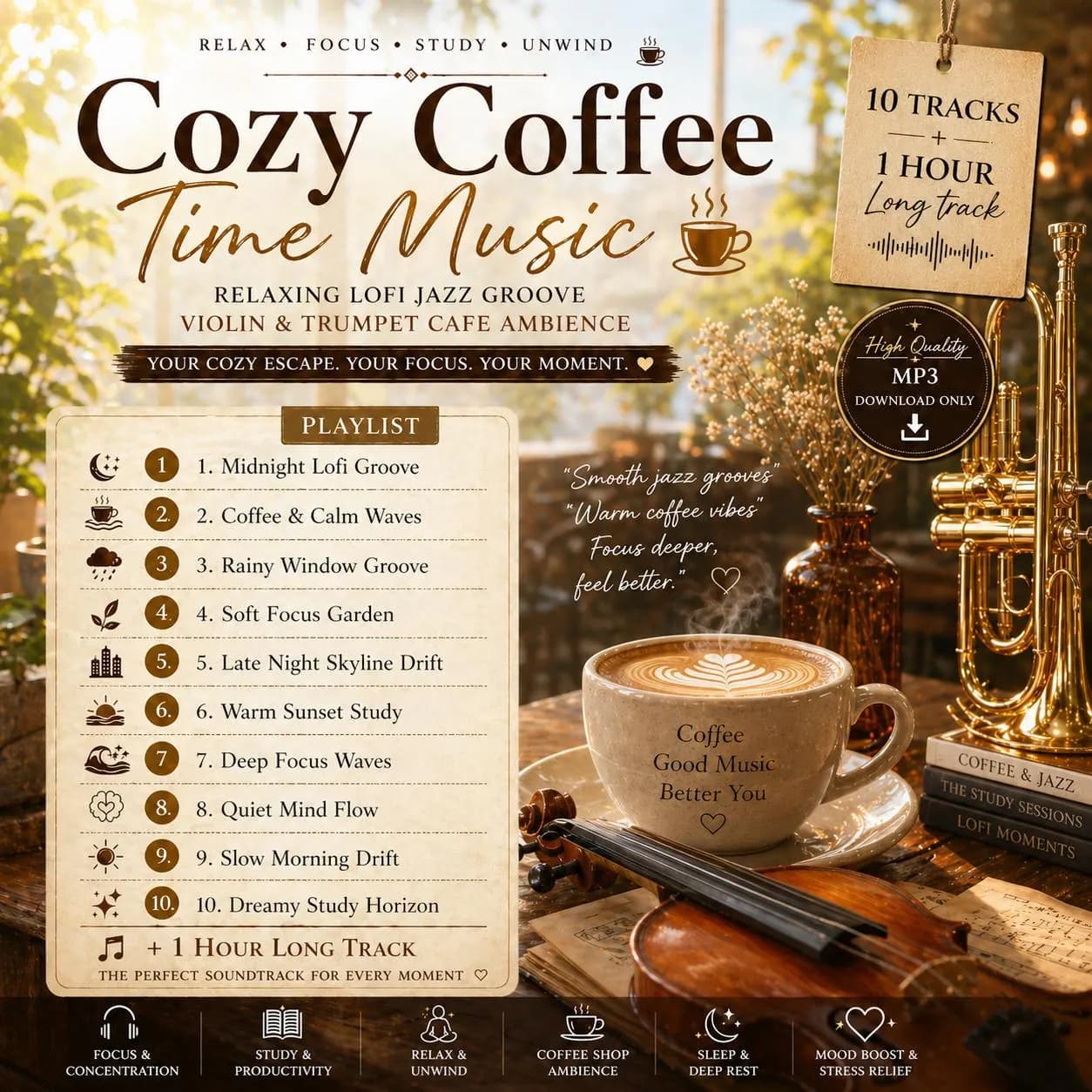 Cozy Coffee Lofi Jazz Music | Violin Trumpet Cafe Ambience MP3 Download | Chill Lofi Beats for Study Focus Reading & Mellow Work Background - image 2