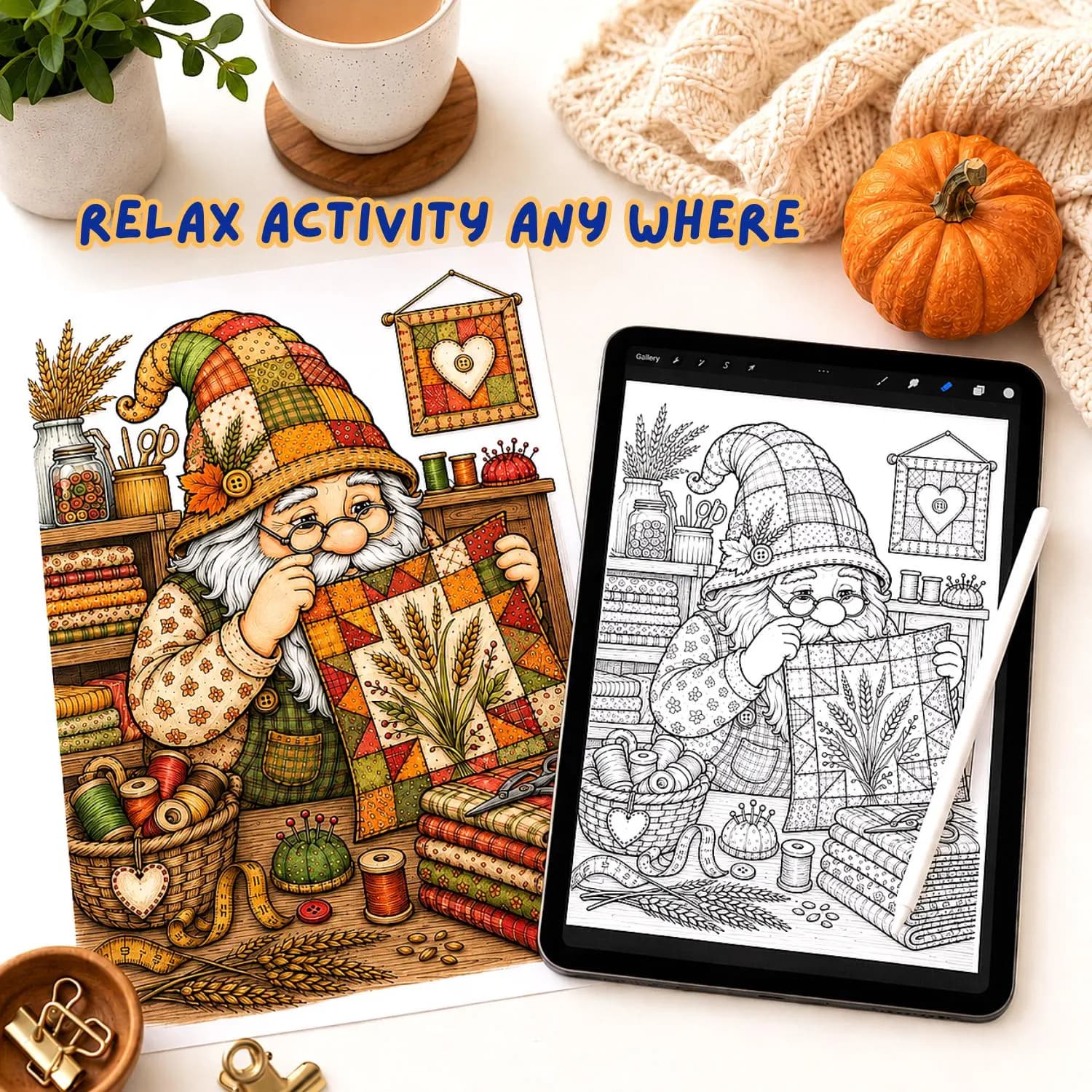 Autumn Gnome Quilter Coloring Pages for Adults | 20 Harvest Fall Cozy Sewing Book | Amazon KDP Commercial Use POD PDF Letter Interior - image 3