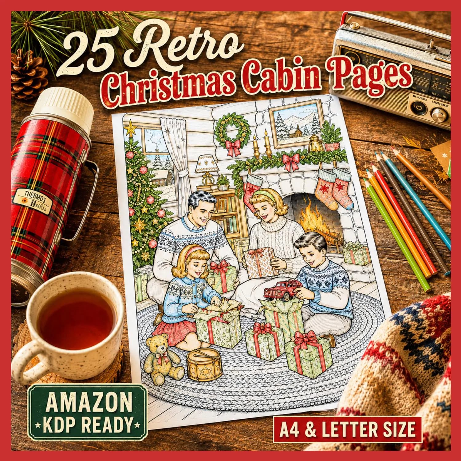 1960s Retro Christmas Cabin Coloring Pages for Adults Seniors | 25 Vintage Winter Book | Amazon KDP Commercial Use POD PDF Letter Interior