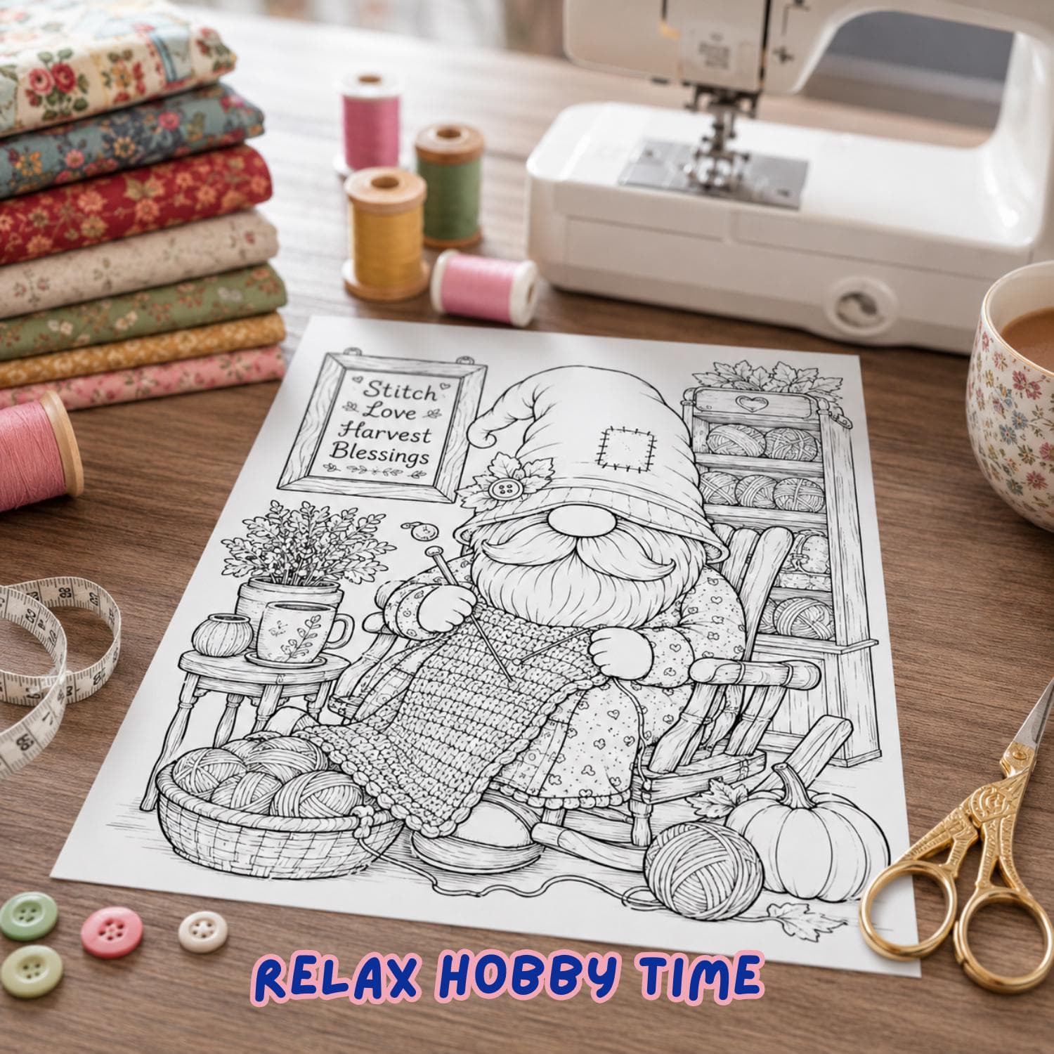 Autumn Gnome Quilter Coloring Pages for Adults | 20 Harvest Fall Cozy Sewing Book | Amazon KDP Commercial Use POD PDF Letter Interior - image 4