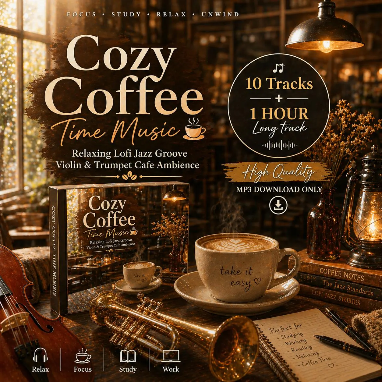 Cozy Coffee Lofi Jazz Music | Violin Trumpet Cafe Ambience MP3 Download | Chill Lofi Beats for Study Focus Reading & Mellow Work Background