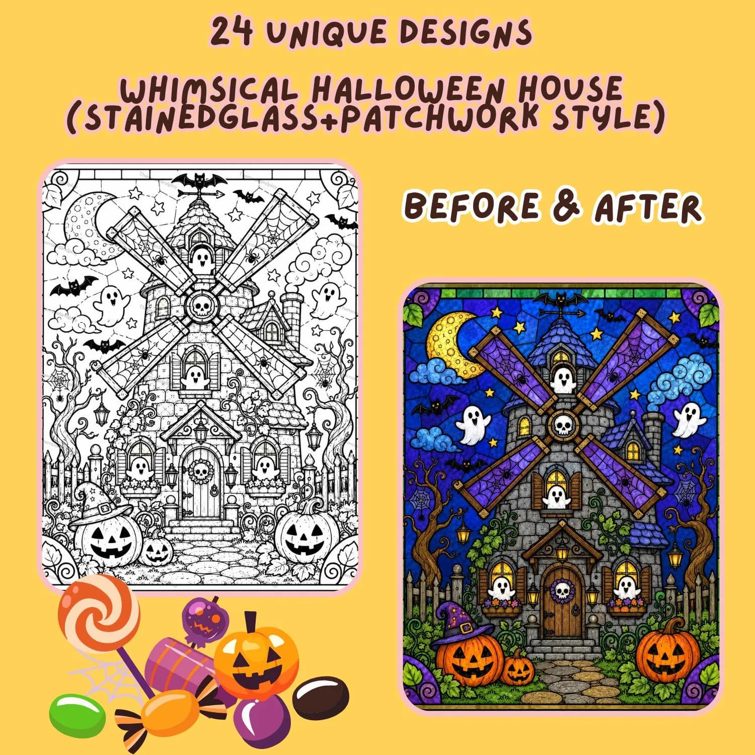 Stained Glass Halloween Coloring Pages for Adults | Patchwork Haunted House Printable Book | Amazon KDP Commercial Use POD PDF Interior - image 4