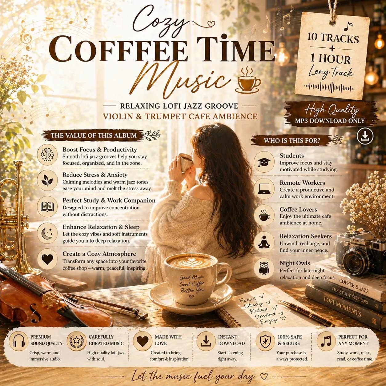 Cozy Coffee Lofi Jazz Music | Violin Trumpet Cafe Ambience MP3 Download | Chill Lofi Beats for Study Focus Reading & Mellow Work Background - image 3