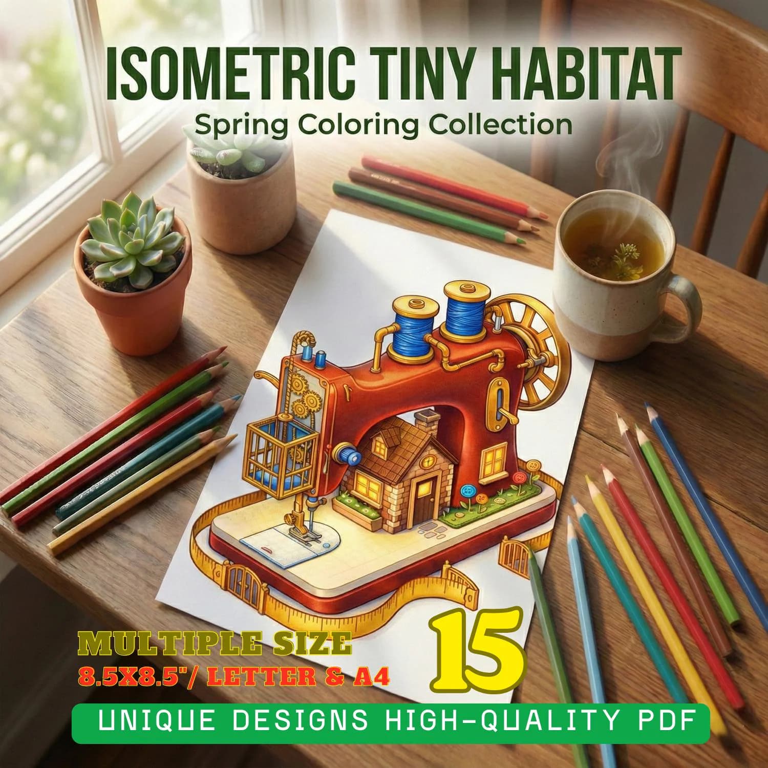 Isometric Tiny Spring Habitats Coloring Book, Miniature Fantasy Homes (Adult Coloring PDF)