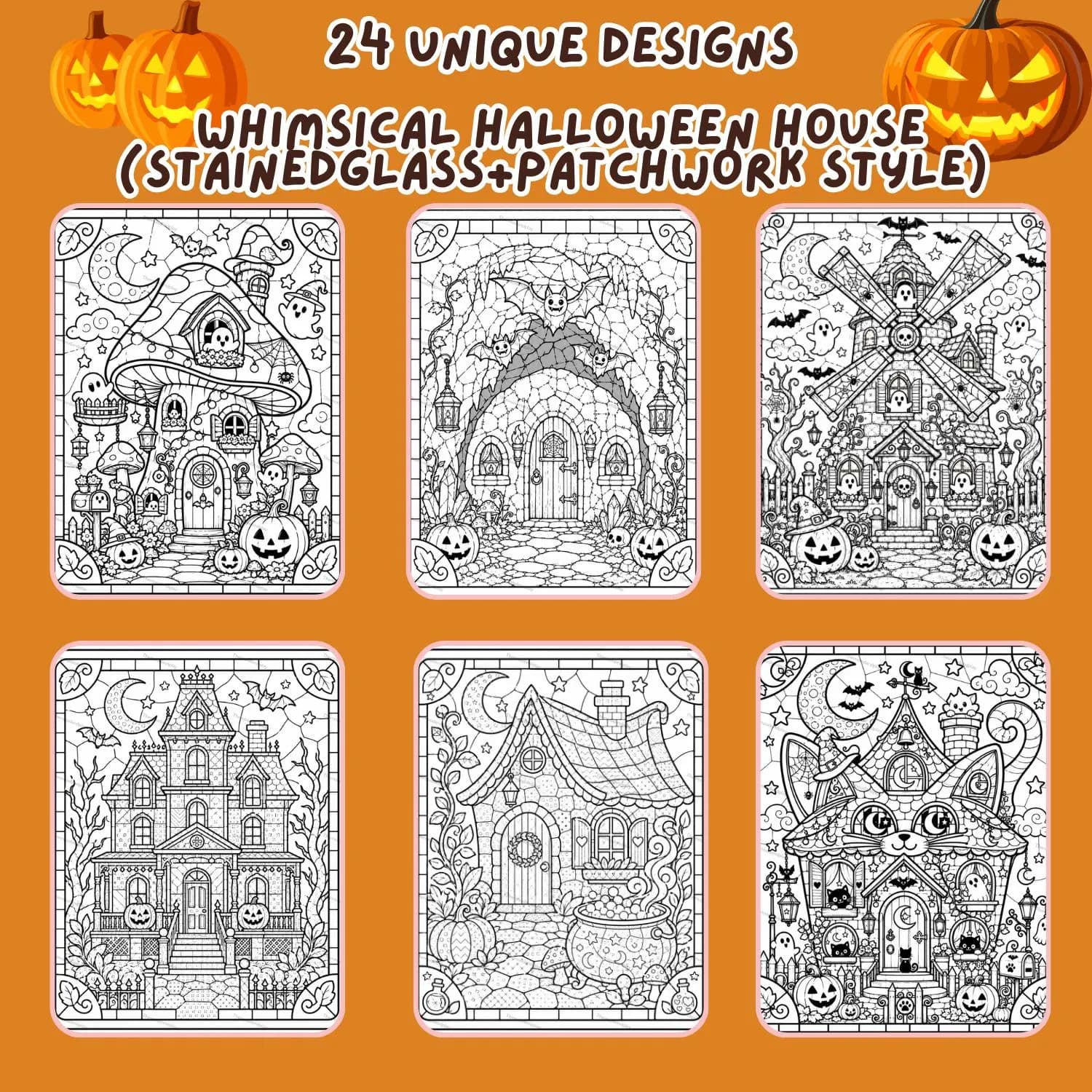 Stained Glass Halloween Coloring Pages for Adults | Patchwork Haunted House Printable Book | Amazon KDP Commercial Use POD PDF Interior - image 3