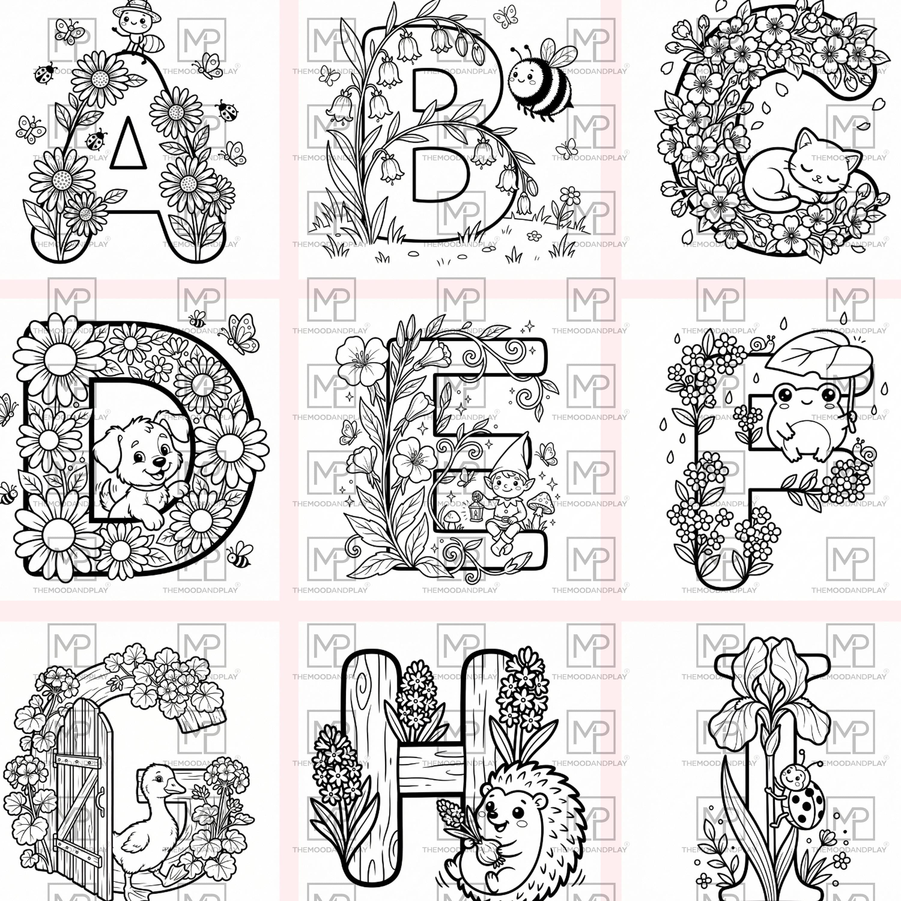 Flower Alphabet Coloring Pages for Kids Adults | 26 Animal ABCs Printable Book | Amazon KDP Commercial Use POD PDF Letter Square Interior - image 5