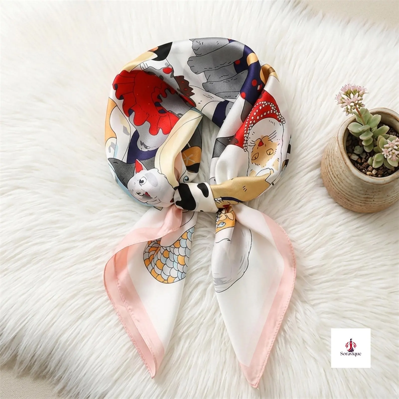 Printed Polyester Square Scarf, 70cm Cat Pattern Neck Wrap Headband Accessory