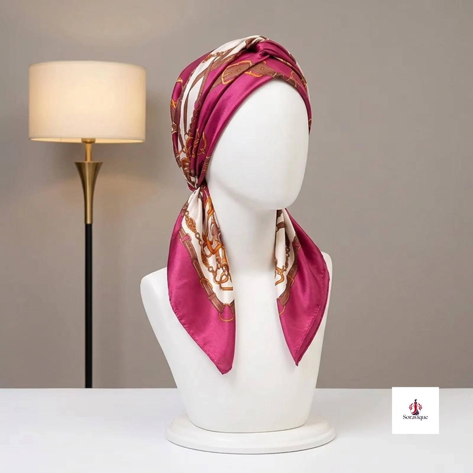 Women's large scarf tied neatly around the neck.