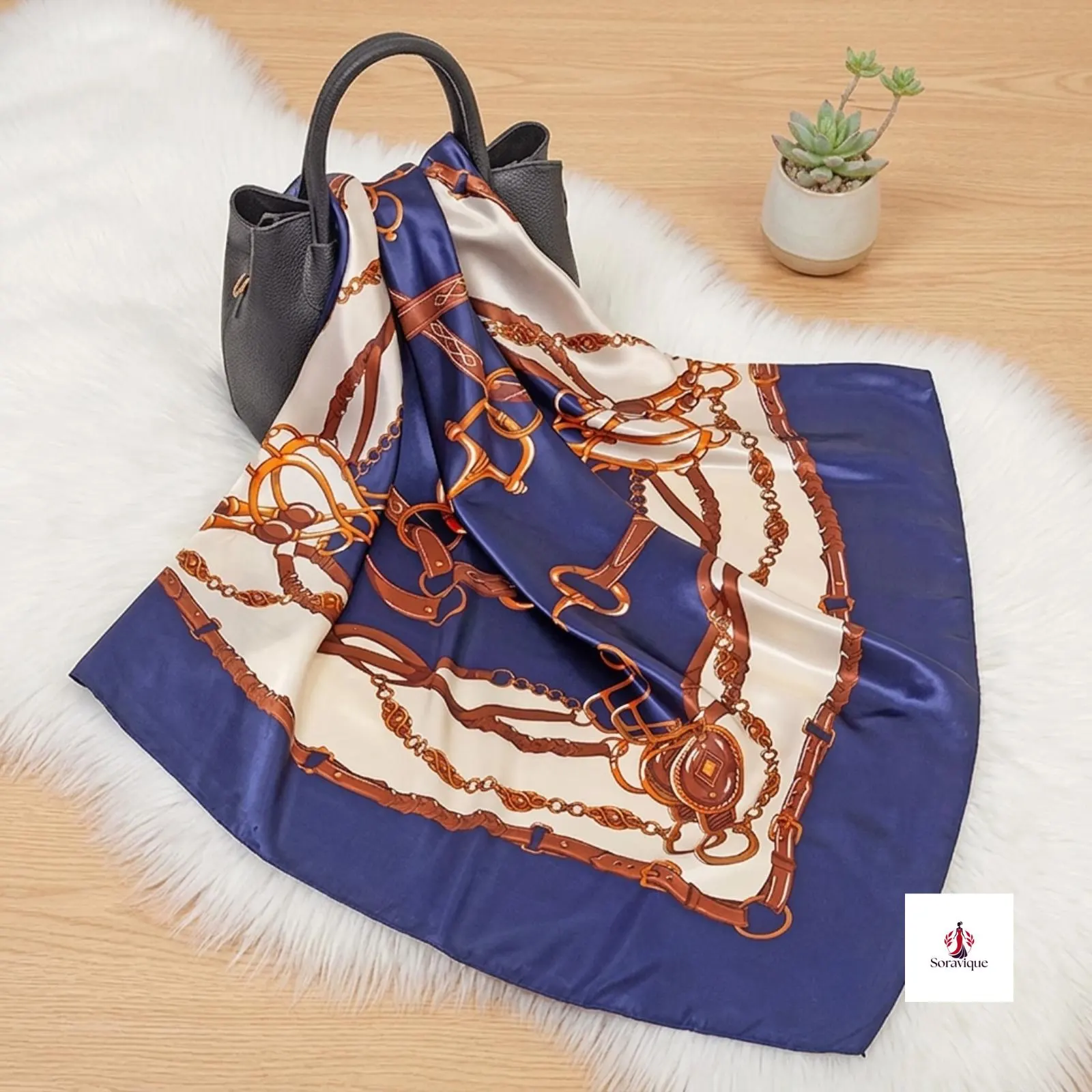 Polyester scarf wrapped around a ponytail for a fashionable look.