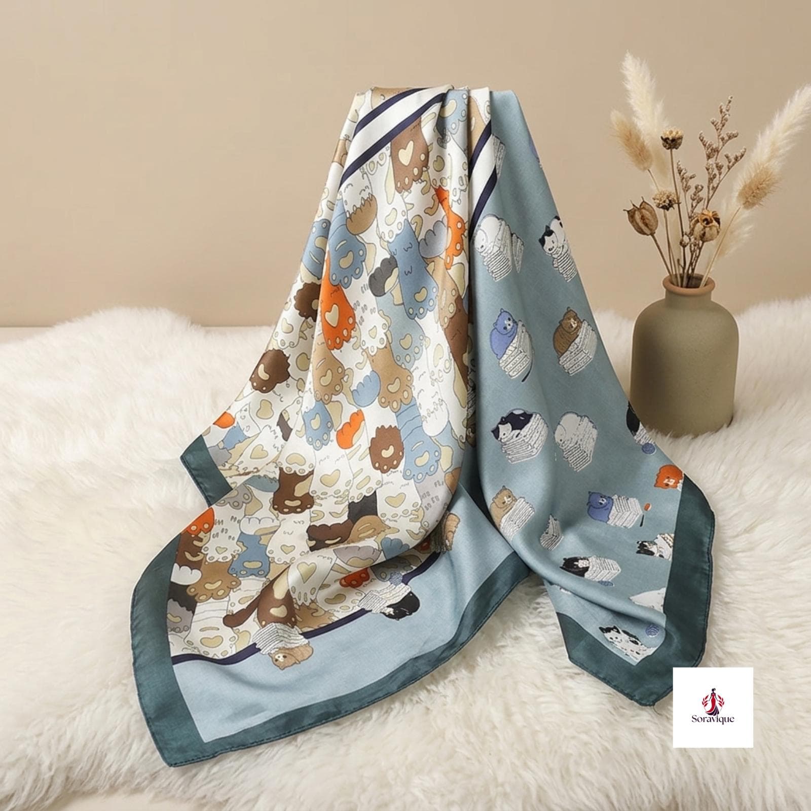 Versatile polyester scarf folded neatly to display its printed design.