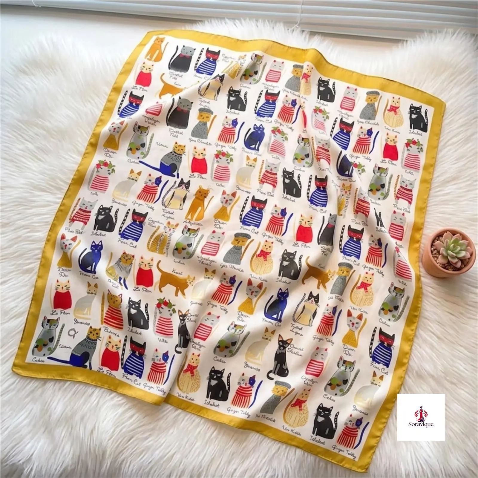 Square polyester scarf featuring a charming cat print.