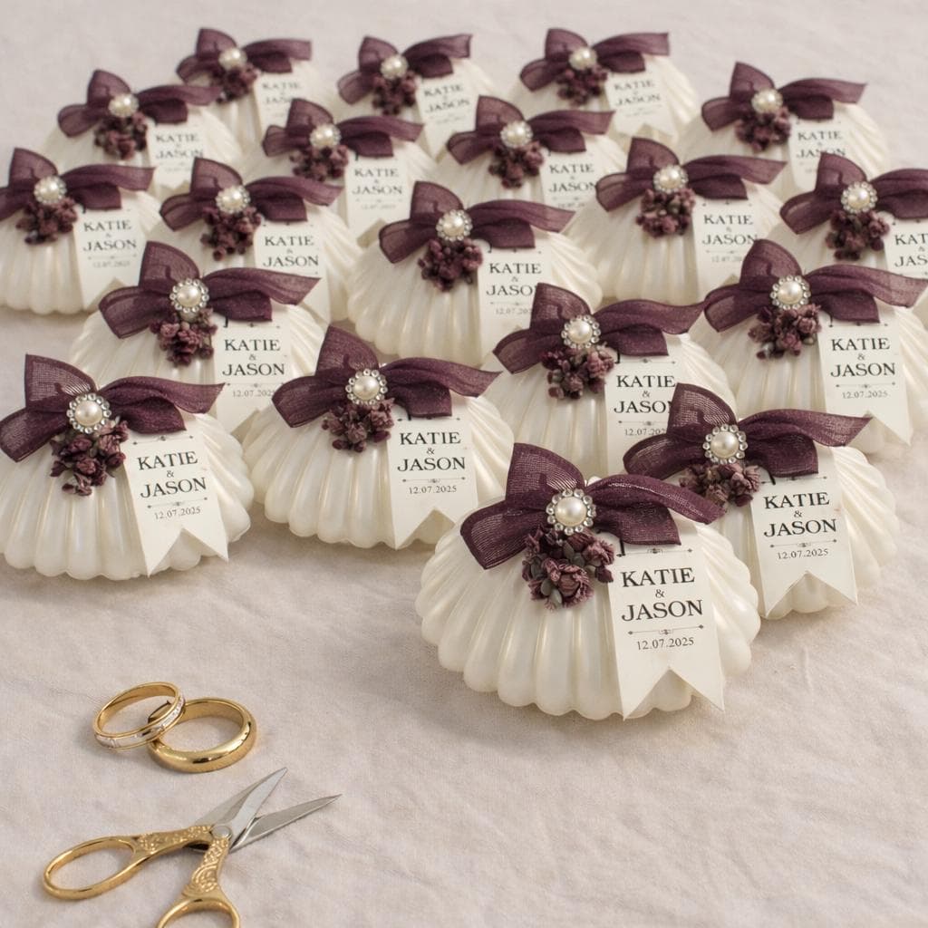 Personalized Seashell Wedding Favor Candle, Burgundy Ribbon & Floral Details - image 5