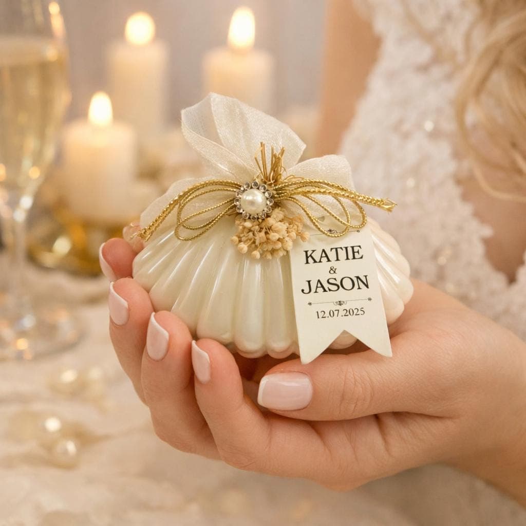 Seashell Candle Favors, Personalized Wedding Favor Candles Elegant Bridal Shower Gifts, Custom Name & Date Wedding Decor