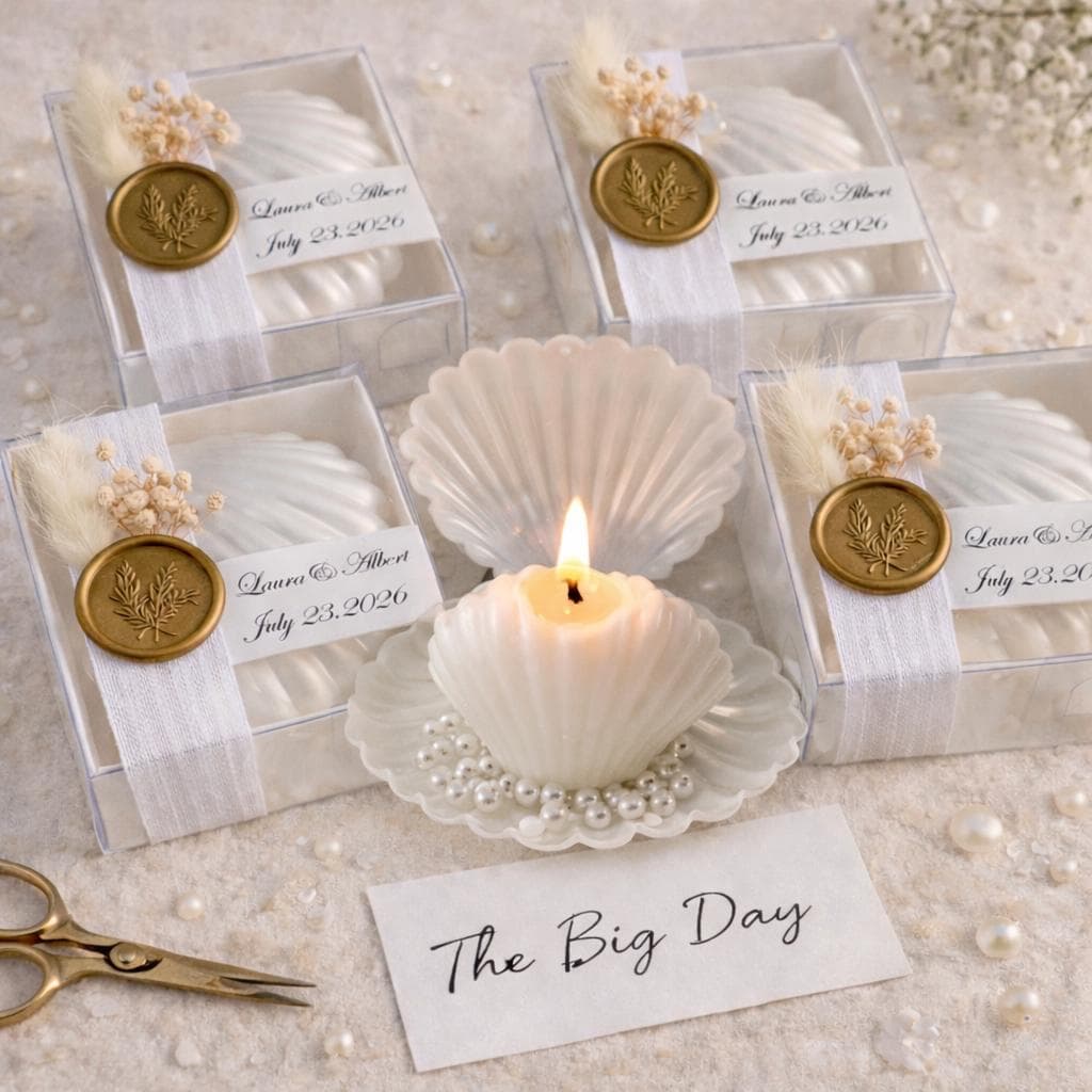 Personalized Sea Shell Wedding Favor Candle, Wax Seal, Dried Flowers - image 5