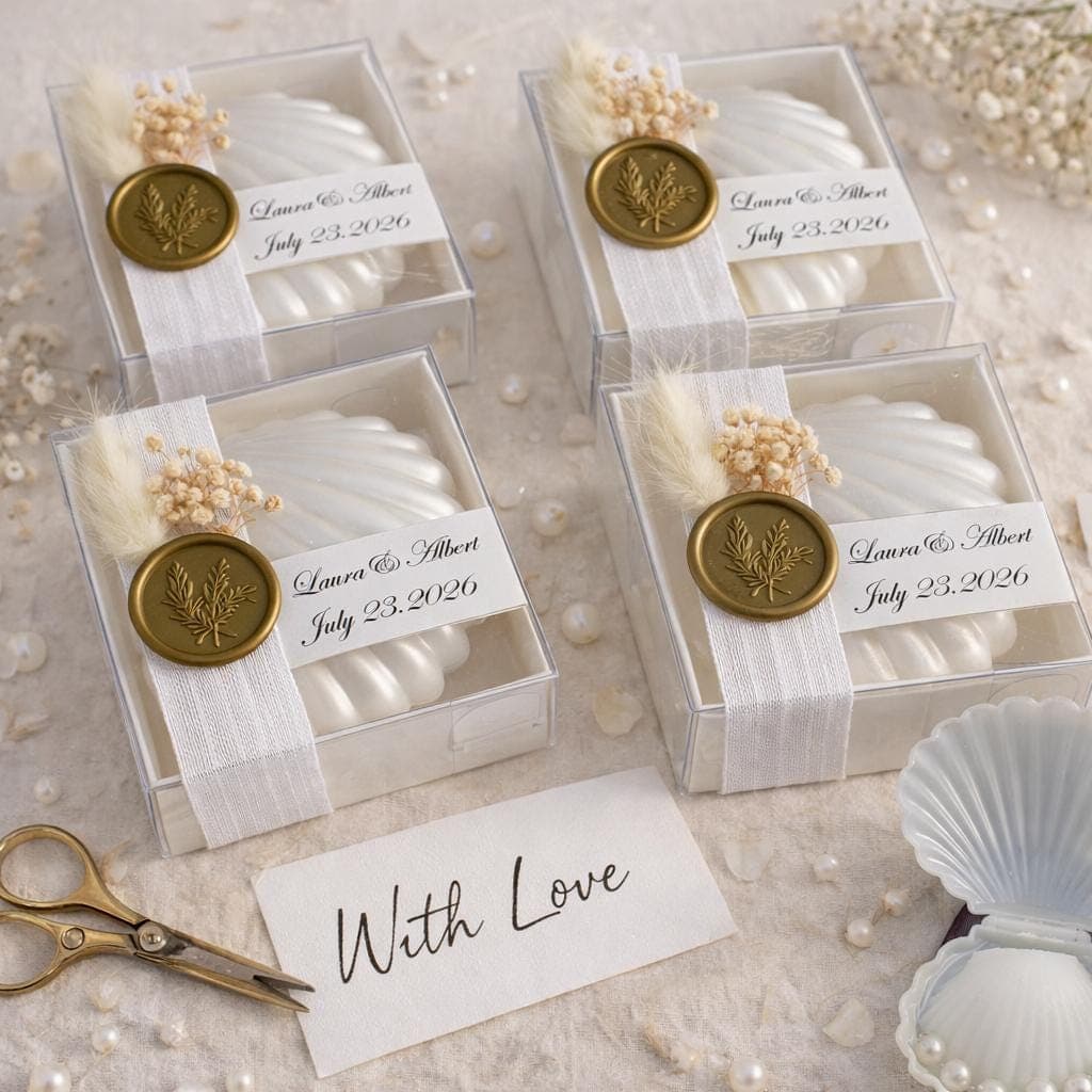 Personalized Sea Shell Wedding Favor Candle, Wax Seal, Dried Flowers - image 4