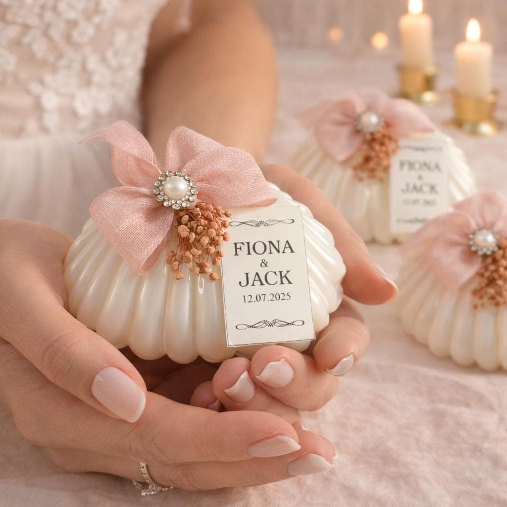 Seashell Wedding Favor Candles, Blush Ribbon, Personalized Tag