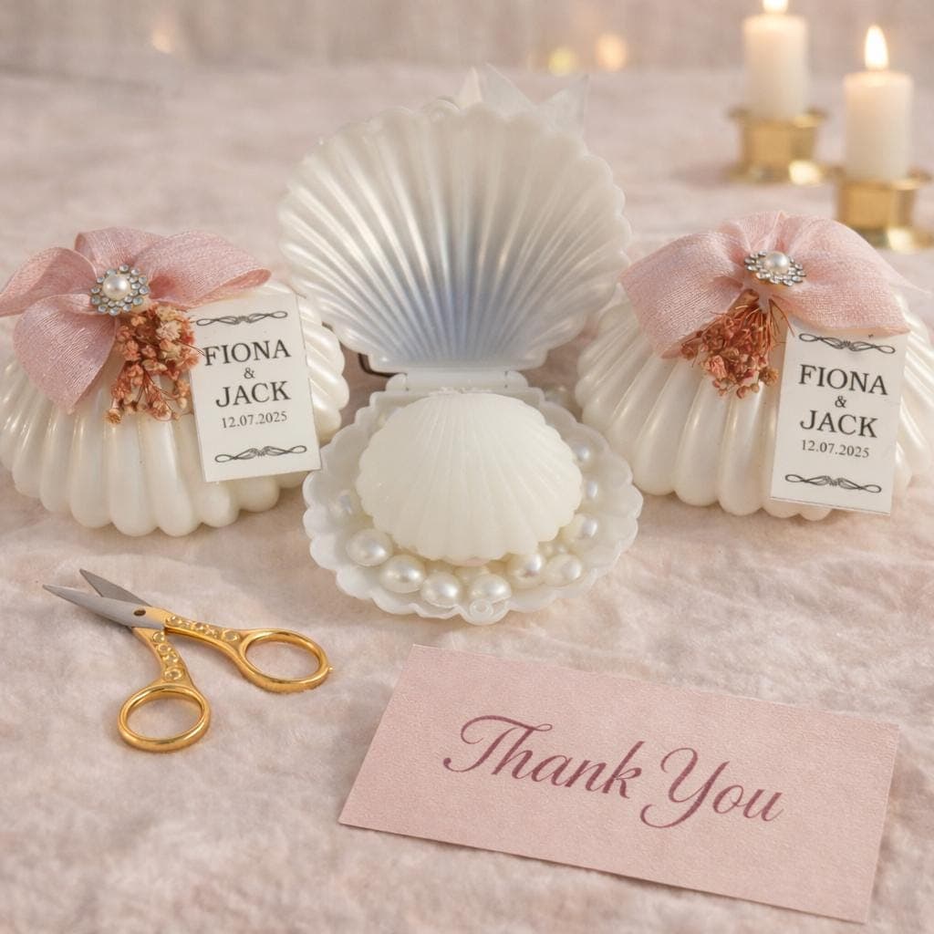 Seashell Wedding Favor Candles, Blush Ribbon, Personalized Tag - image 5