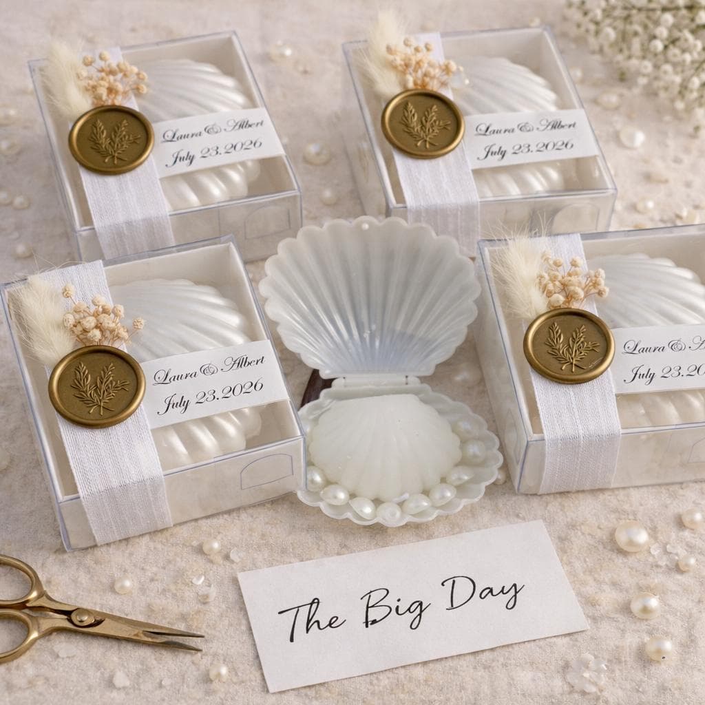 Personalized Sea Shell Wedding Favor Candle, Wax Seal, Dried Flowers