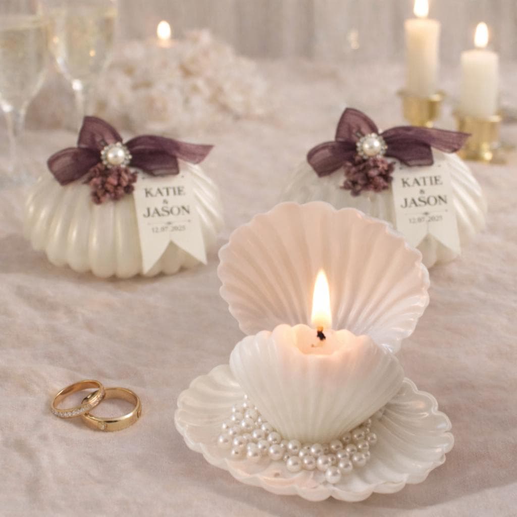 Personalized Seashell Wedding Favor Candle, Burgundy Ribbon & Floral Details - image 3