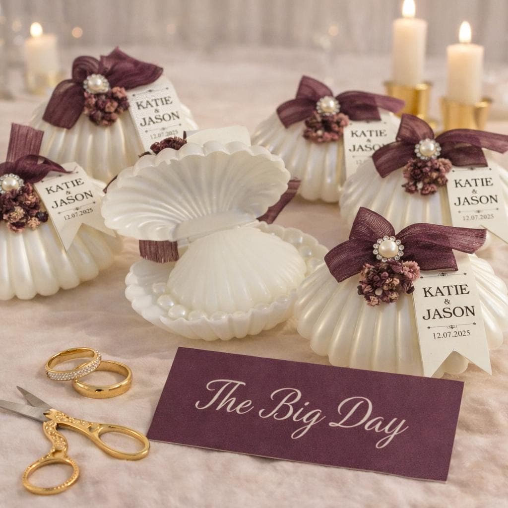 Personalized Seashell Wedding Favor Candle, Burgundy Ribbon & Floral Details - image 4