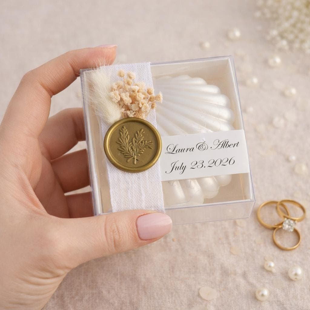 Personalized Sea Shell Wedding Favor Candle, Wax Seal, Dried Flowers - image 3