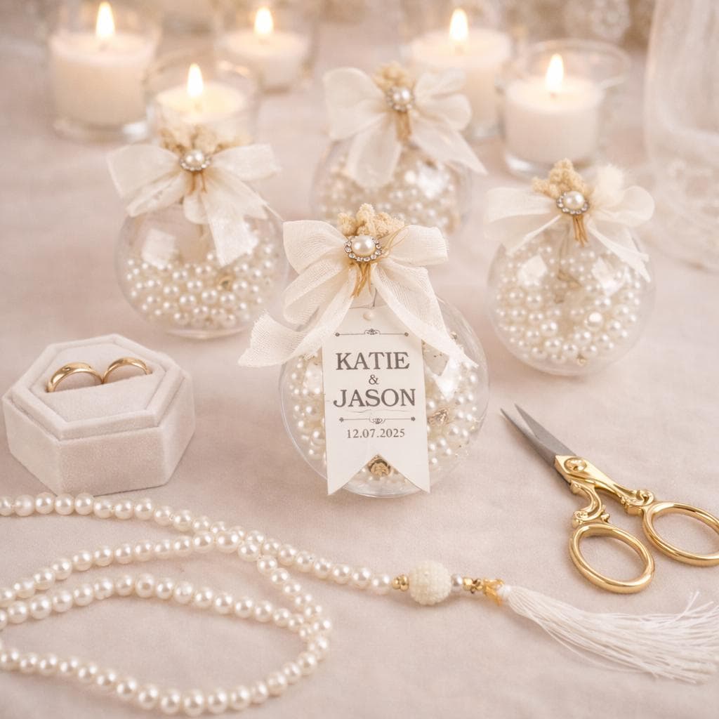 Personalized Pearl Tasbih Favor, Clear Ball Wedding Keepsake, Elegant Bridal Table Decoration, Islamic Wedding Gift