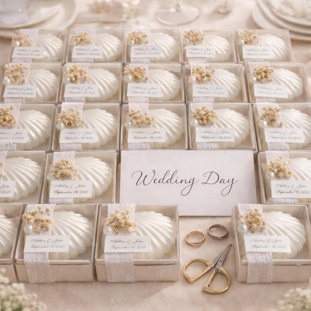 Personalized Oyster Shell Candle Wedding Favors, Beach Theme