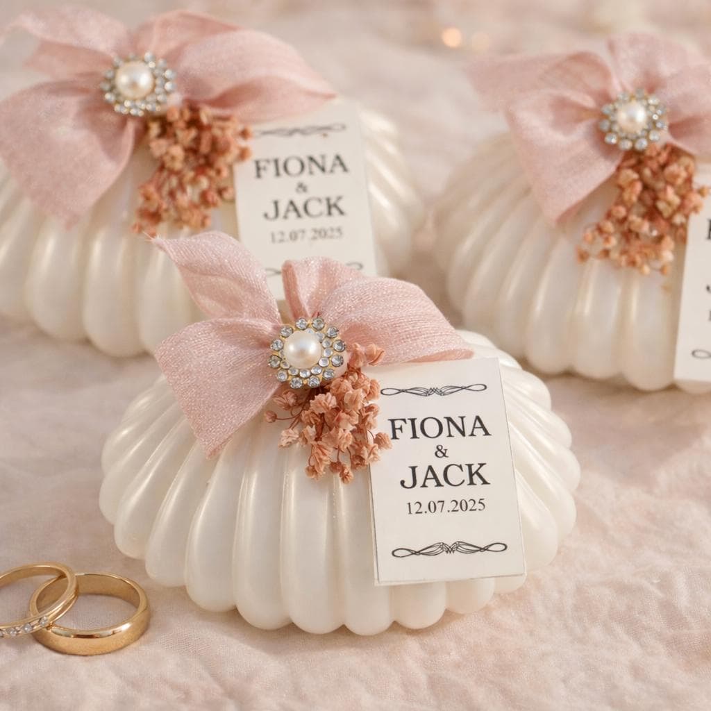 May include: White, shell-shaped wedding favors with pink bows, pearl and rhinestone embellishments, and dried floral accents. Each favor has a tag that reads "Fiona & Jack 12.07.2025". Gold wedding rings are in the foreground.