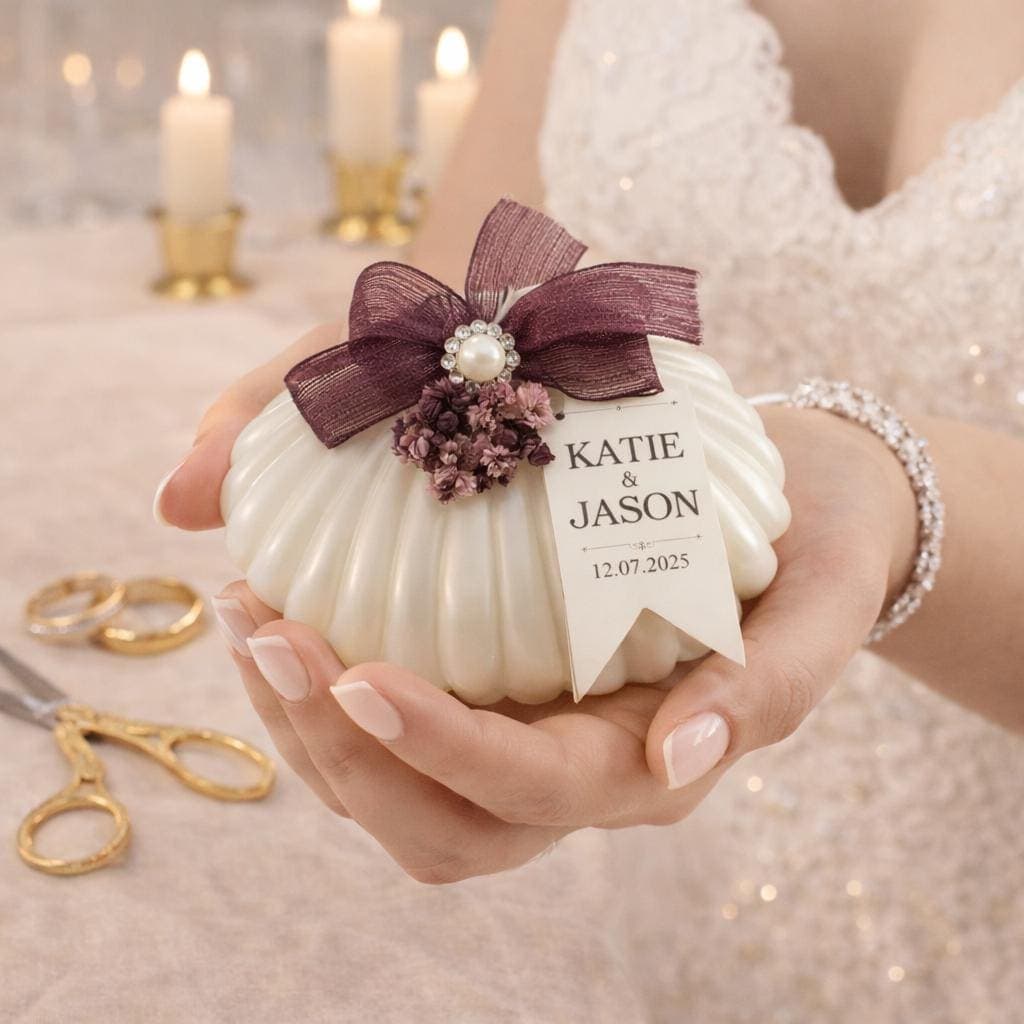 Personalized Seashell Wedding Favor Candle, Burgundy Ribbon & Floral Details