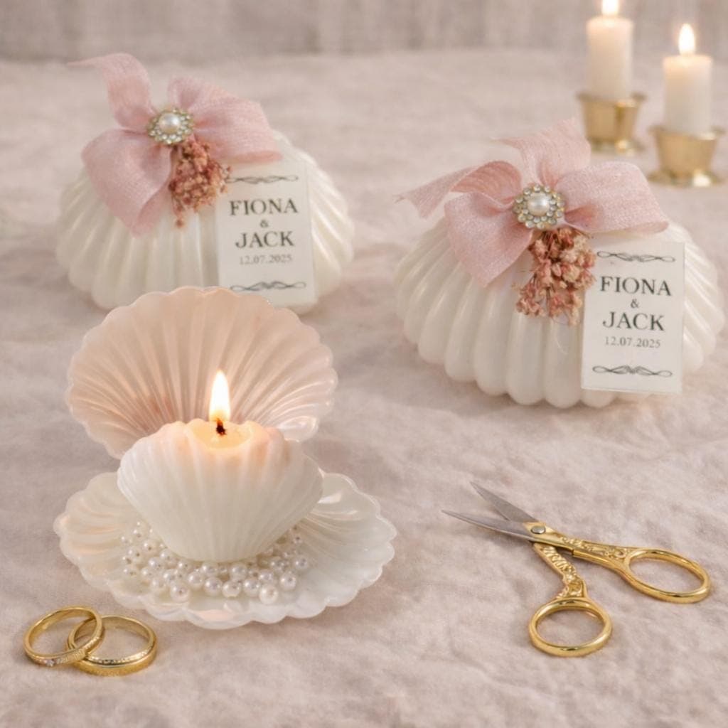 Seashell Wedding Favor Candles, Blush Ribbon, Personalized Tag - image 3