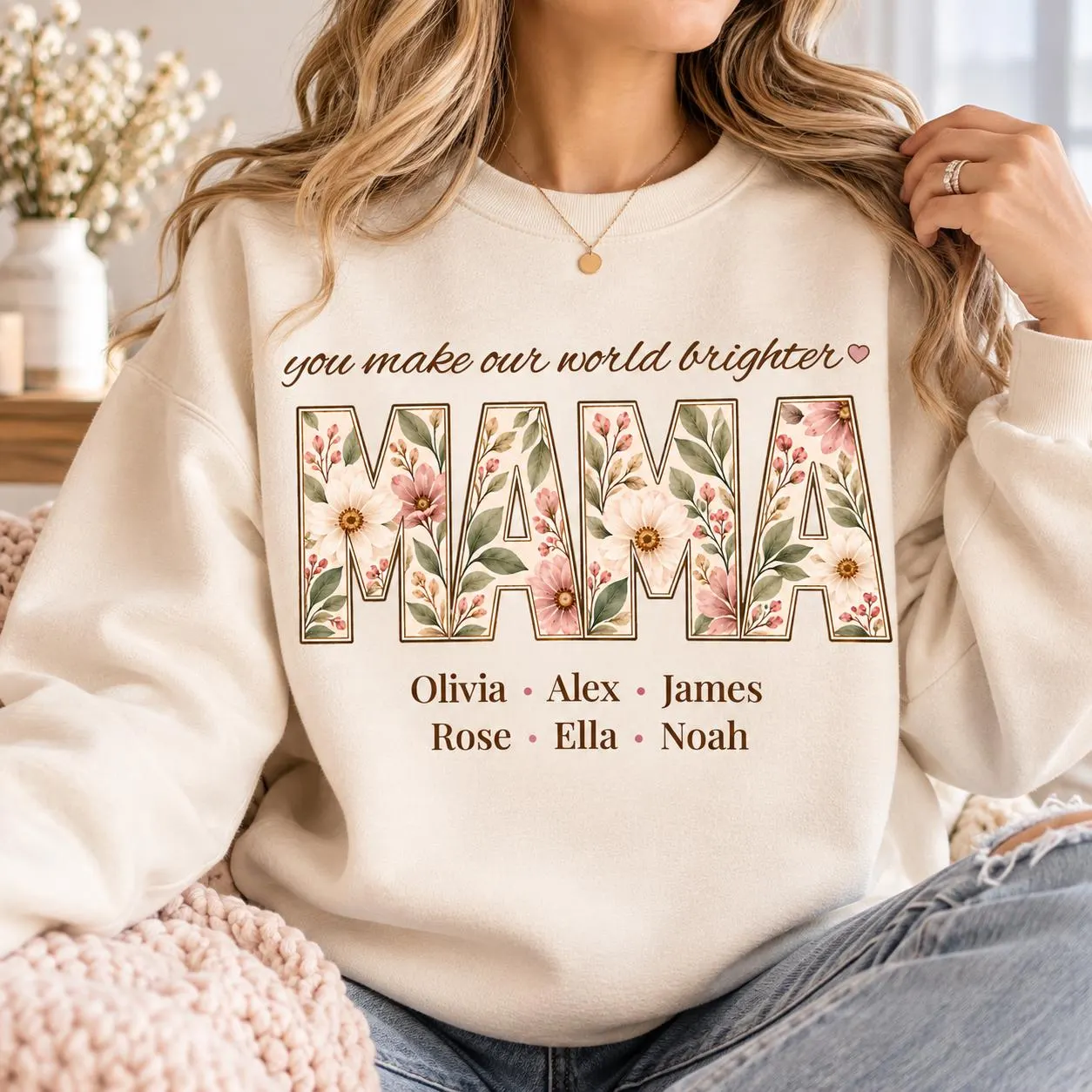 Personalized Floral Mama Sweatshirt, Custom Names, Soft Cotton Crewneck (Made to Order)