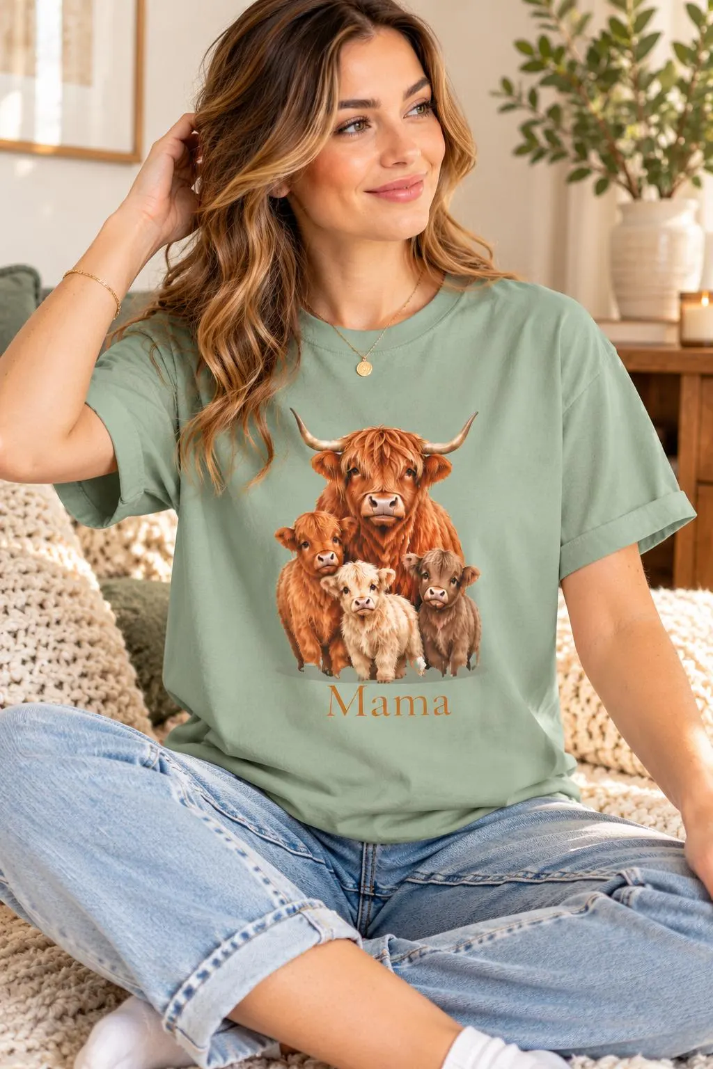 Personalized Highland Cow Mama T-Shirt, Farmhouse Boho Cow Mom Tee, Comfort Colors Gift