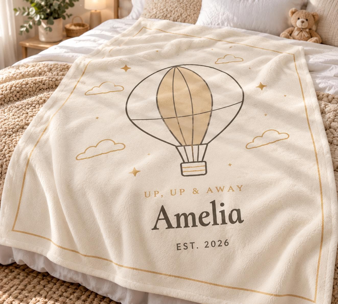 Personalized Hot Air Balloon Baby Blanket with Name, Baby Shower Gift, Newborn Name Blanket, Neutral Nursery Decor, New Mom Gift