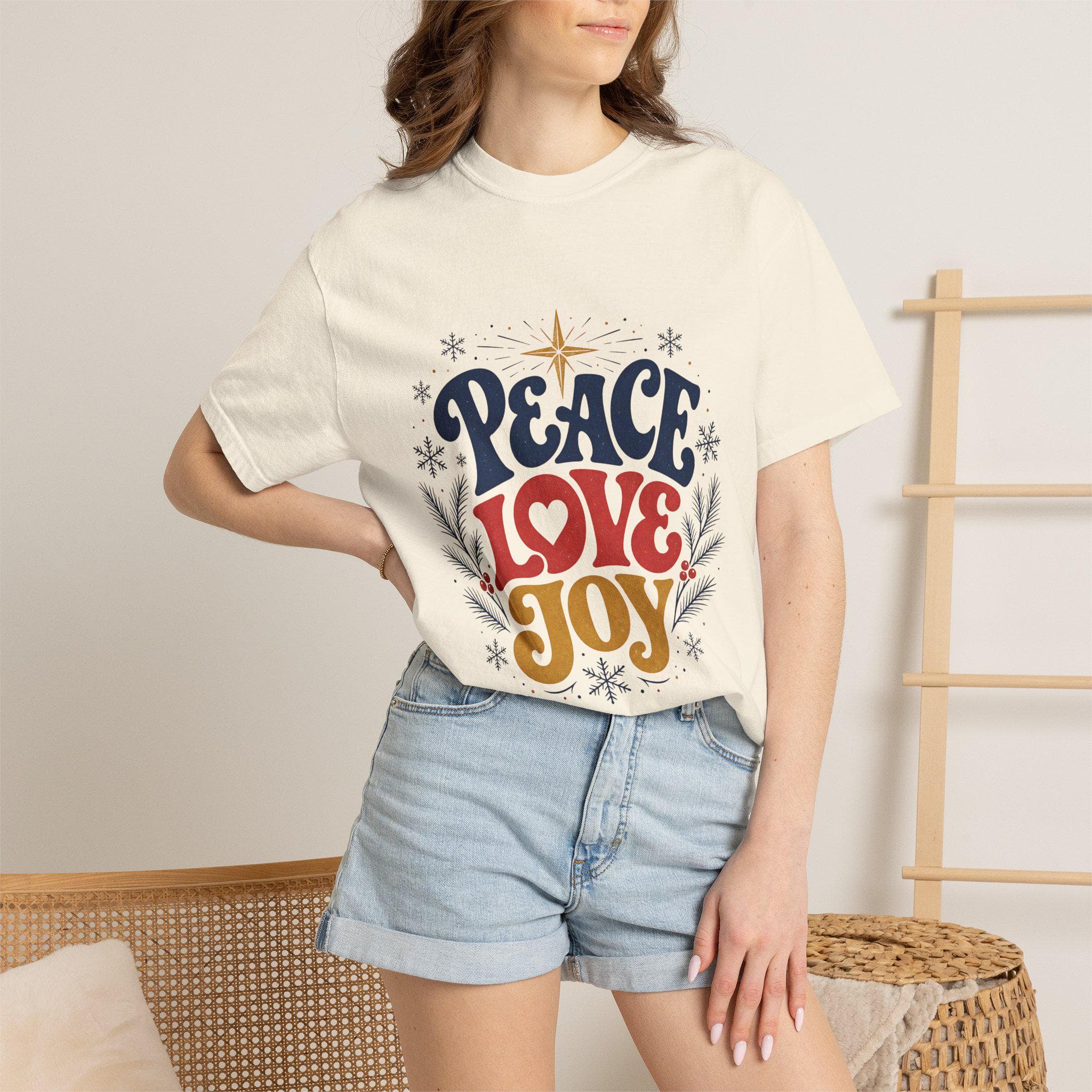 Retro Peace Love Joy Christmas Tee, Vintage Holiday Star Design, Comfort Colors Cotton Shirt