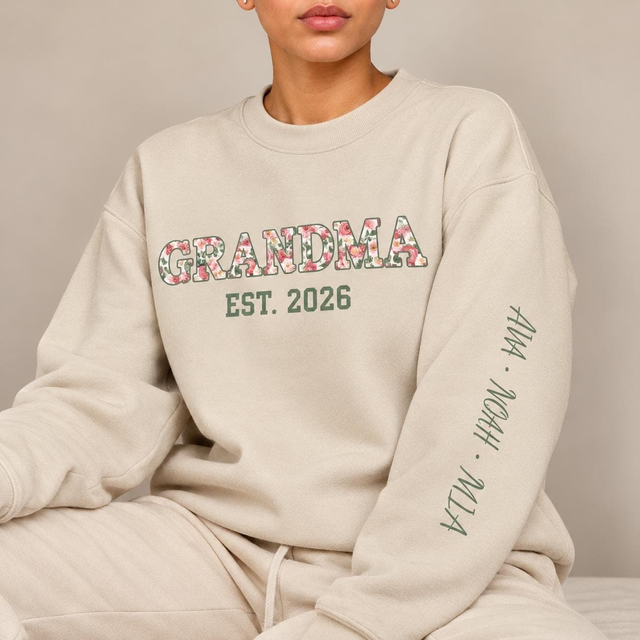 Personalized Floral Grandma Sweatshirt with Grandkids Names on Sleeve, Custom Grandma Crewneck