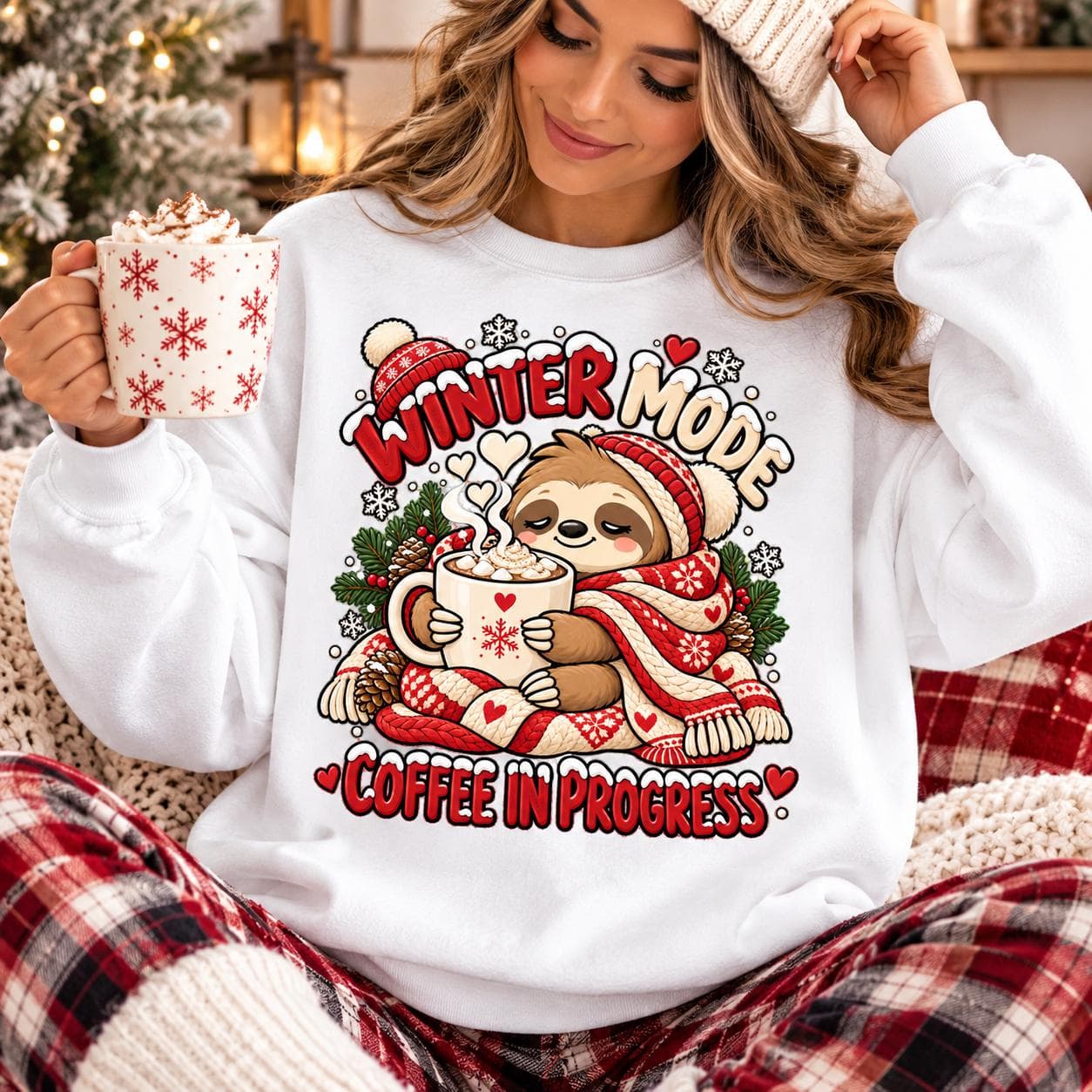 Winter Mode Sloth Sweatshirt, Coffee Lover Gift, Cozy Crewneck